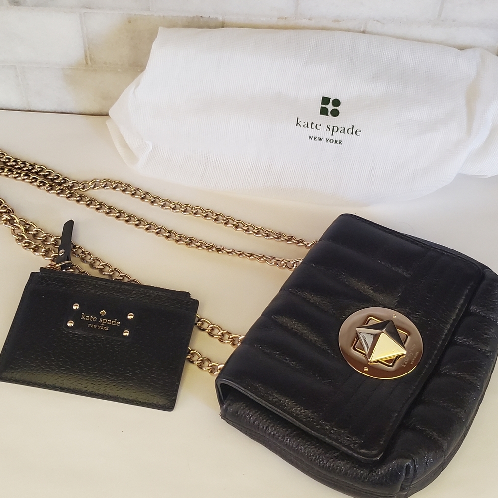KATE SPADE GOLD COAST EVANGELINE BLACK LEATHER QUILTED HANDBAG WITH CHAIN STRAP